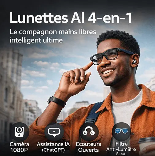 LUNCAM™  Lunettes Intelligentes 4 en 1 Avec Enregistrement Vidéo, Traduction Vocale En Temps Réel et Écouteurs Intégrés