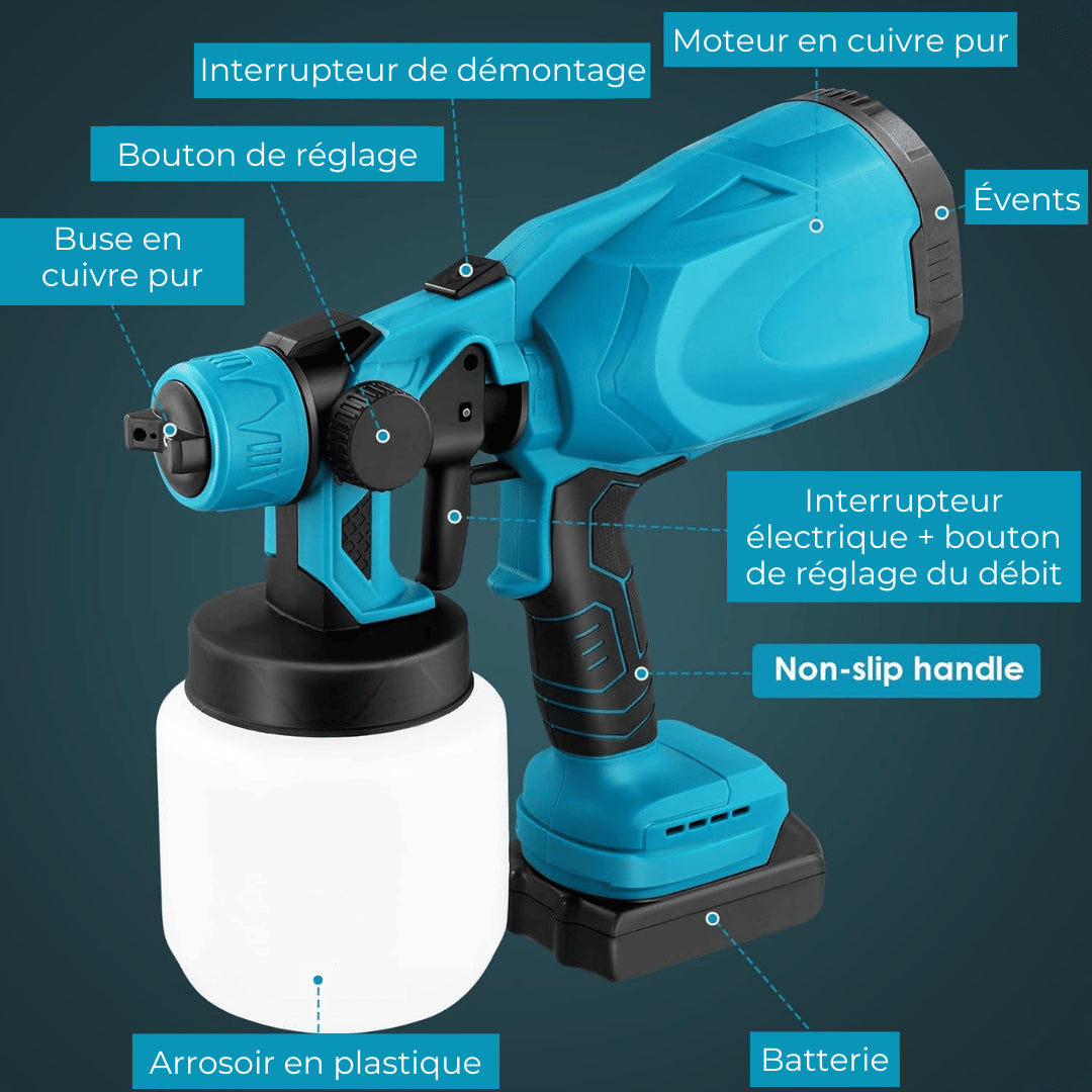 SPRAYGO™ Pistolet à Peinture Électrique Sans Fil 1000ml (+ 2 Batteries et Chargeur)