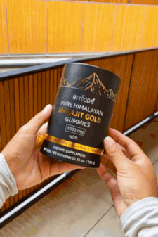Le pot de gommes de Shilajit tenu en main